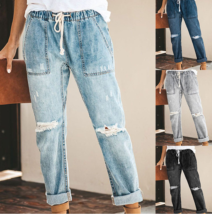 Cross-border women's clothing 2021 Amazon casual street hipster European and American fashion straight pants women's ripped jeans