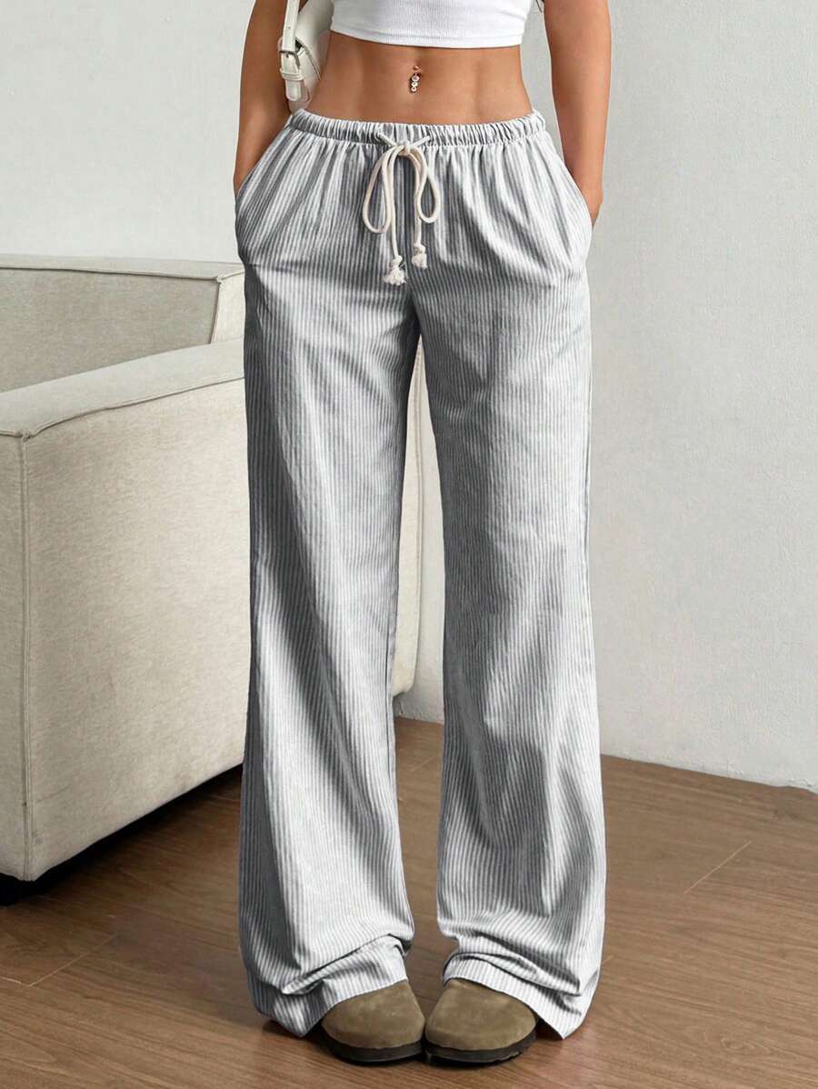 2025 Europe & America/SHEIN/TEMU Amazon/Autumn New Women's Wear: Striped Sweet Wide-Leg Pants, Floor-Length Casual