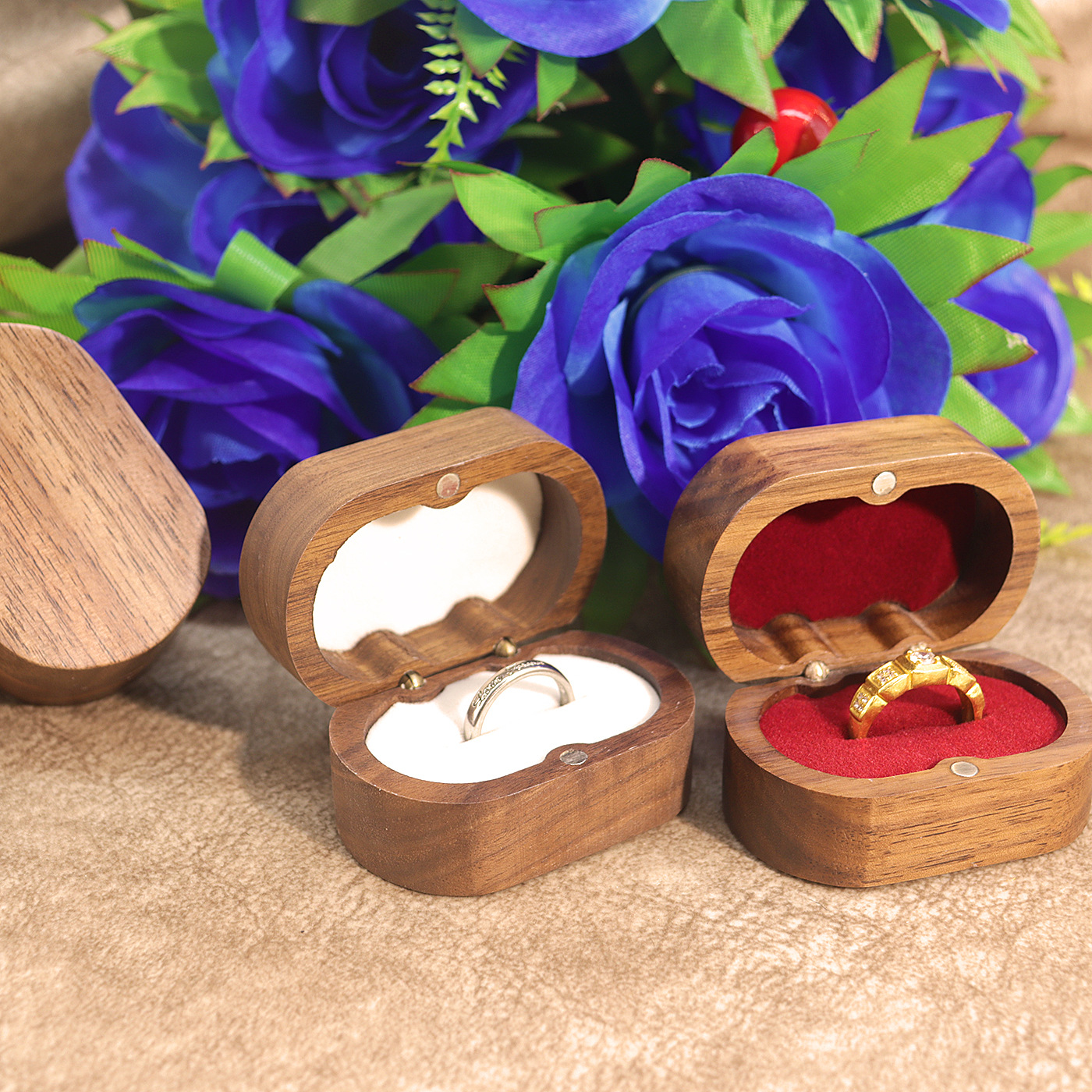 Picture of Dragon and Phoenix Jewelry Box Vintage Wooden Earrings Ring Box Flannelette Jewelry Pair Ring Storage Box for Women