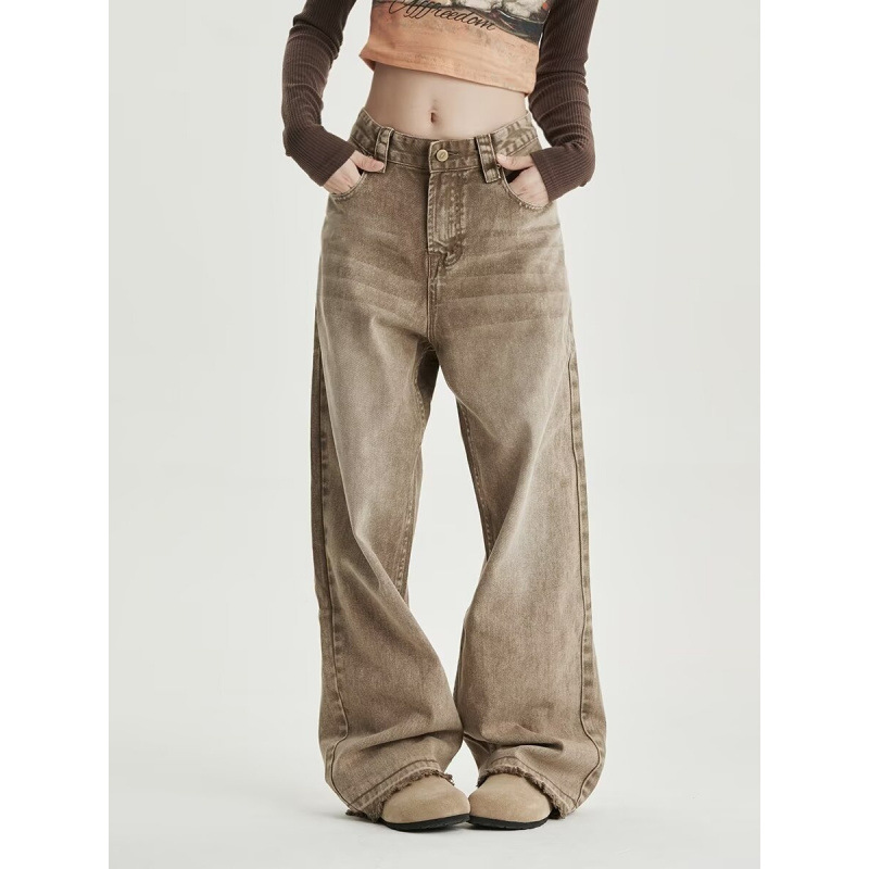 2024 Washed Dressed Jeans Women's American Style Retro Deep-fried Street Wide-leg Pants Autumn New Slimming Loose Long Pants