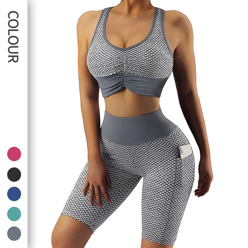 European and American Honeycomb Yoga Clothing suit Sports Beauty Back Bra High Waist Hip Lifting Fitness Pants Honeycomb Pocket Pants