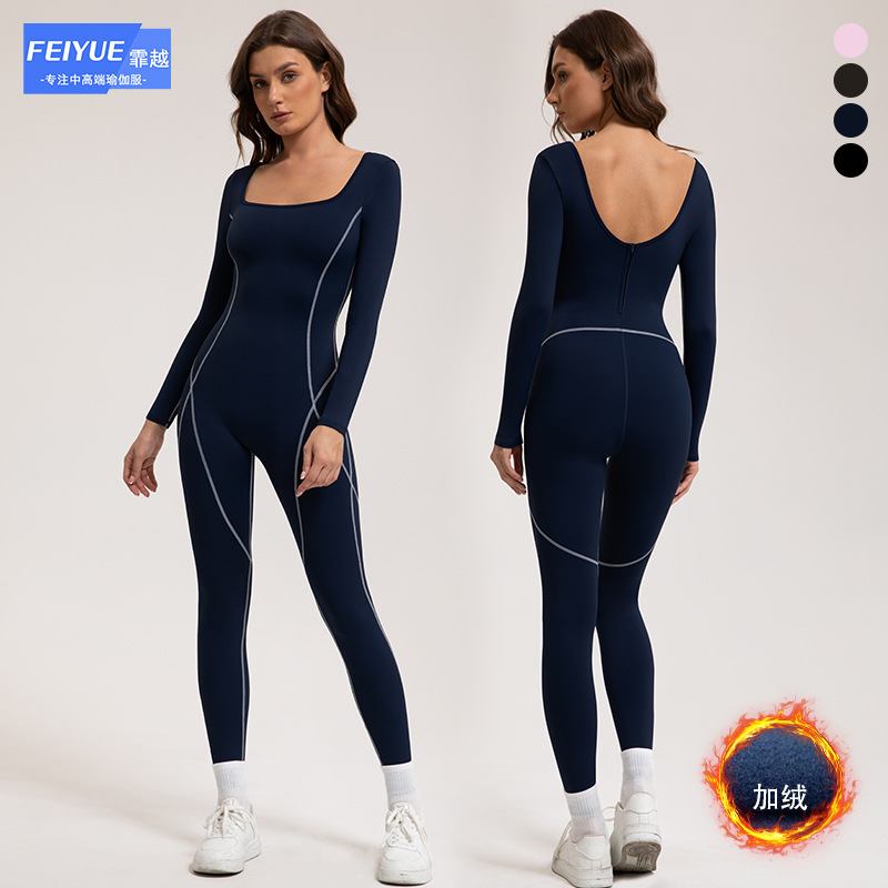 Europe and the United States cross-border fleece-lined slimming quick-drying beauty back yoga clothing long sleeve jumpsuit running sports one-piece fitness clothing