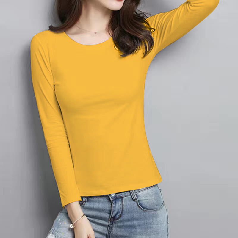 Picture of Women's Korean-Style Slim-Fit Long-Sleeve Base Shirt, Versatile Plus-Size Solid Color Top, Round Neck for Spring and Autumn