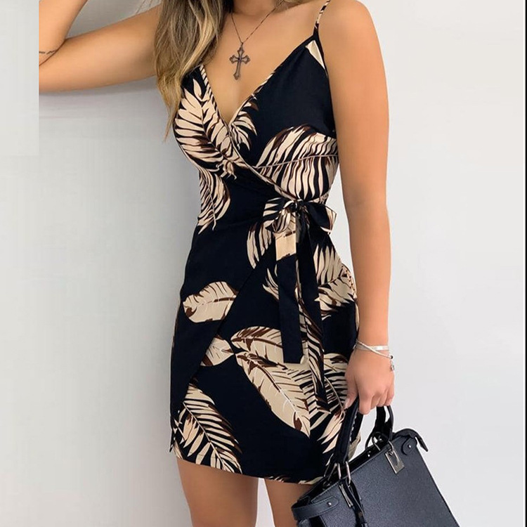 Cross-border Hot Summer New Wish Amazon AliExpress V-neck Printed Lace-up Wrap Sexy dress Women