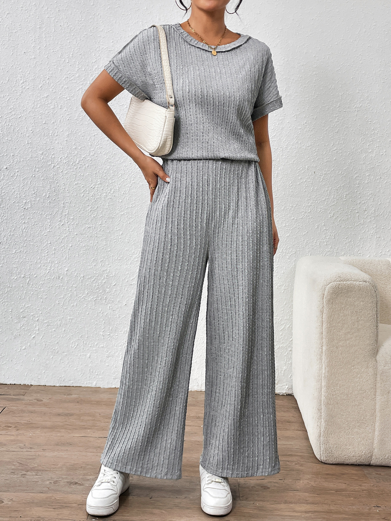 Picture of Spring and Summer Cross-Border European and American Jacquard Twisted Striped Top Wide-Leg Trousers Suit Fashionable Casual Simple Two-Piece Set