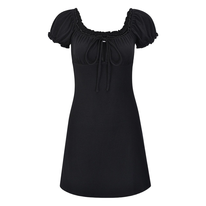 American Retro Chest Cut Out Lace-Up Puff Sleeve Black Dress for Women Summer Square Neck Fungus Hem Waist Skirt