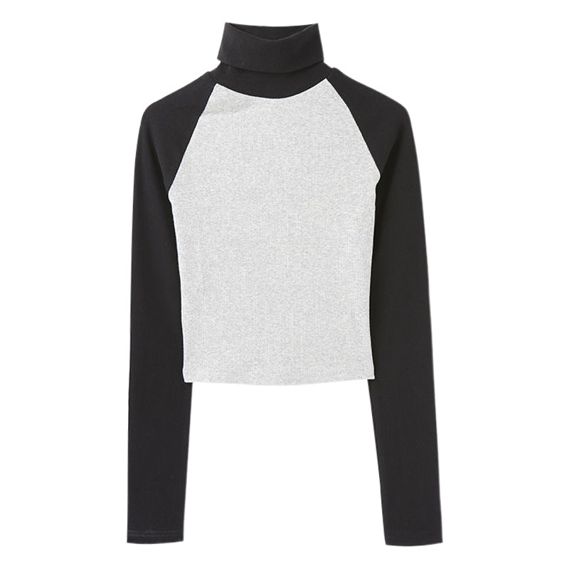 American Style High Neck Contrast Color Western Style Base Shirt Women's Spice Girls Shoulder Long Sleeve T-Shirt Slim Fit Inner Knitted Top Autumn and Winter