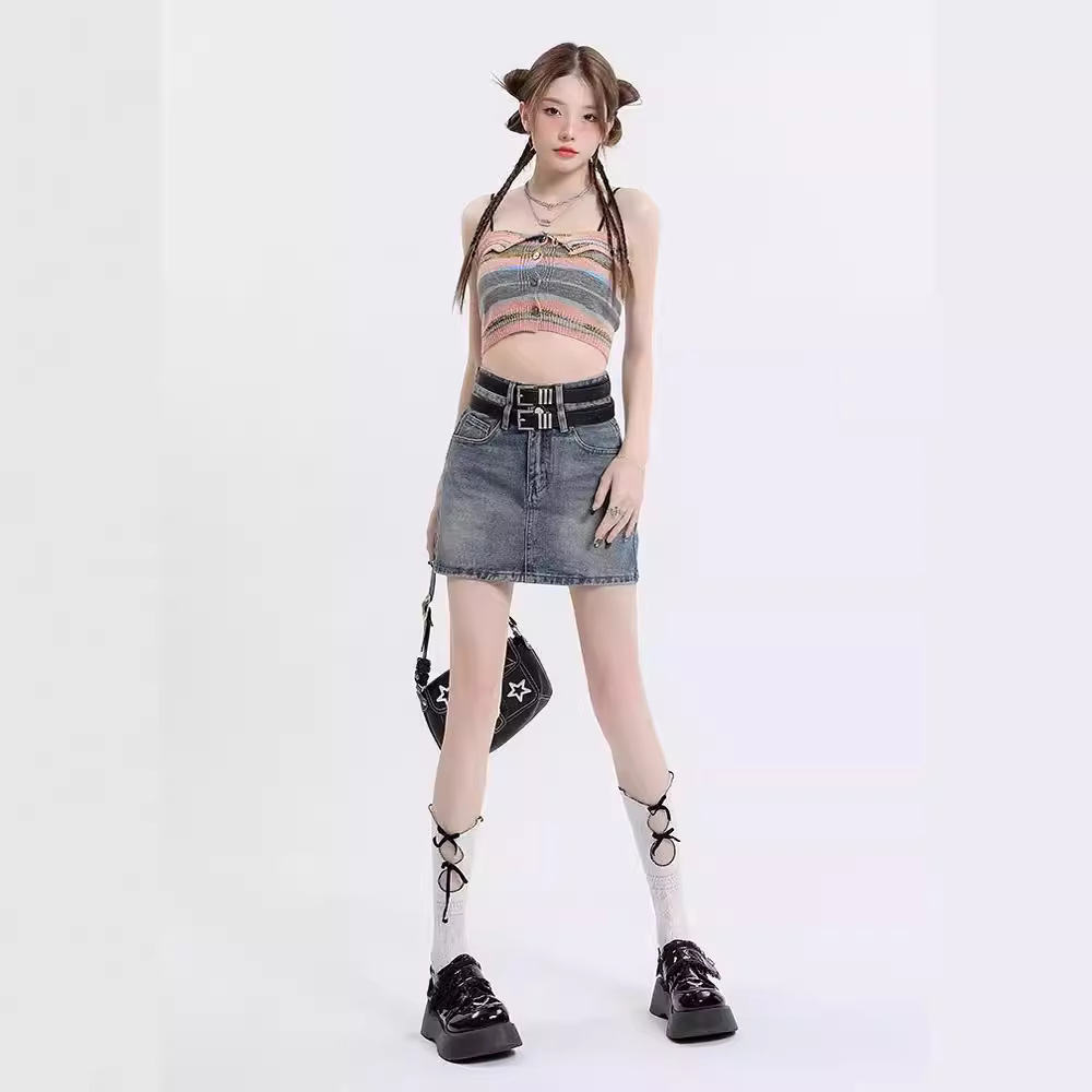 Retro high waist Denim skirt for women 2024 Summer new all-matching spicy girl small A- line hip skirt