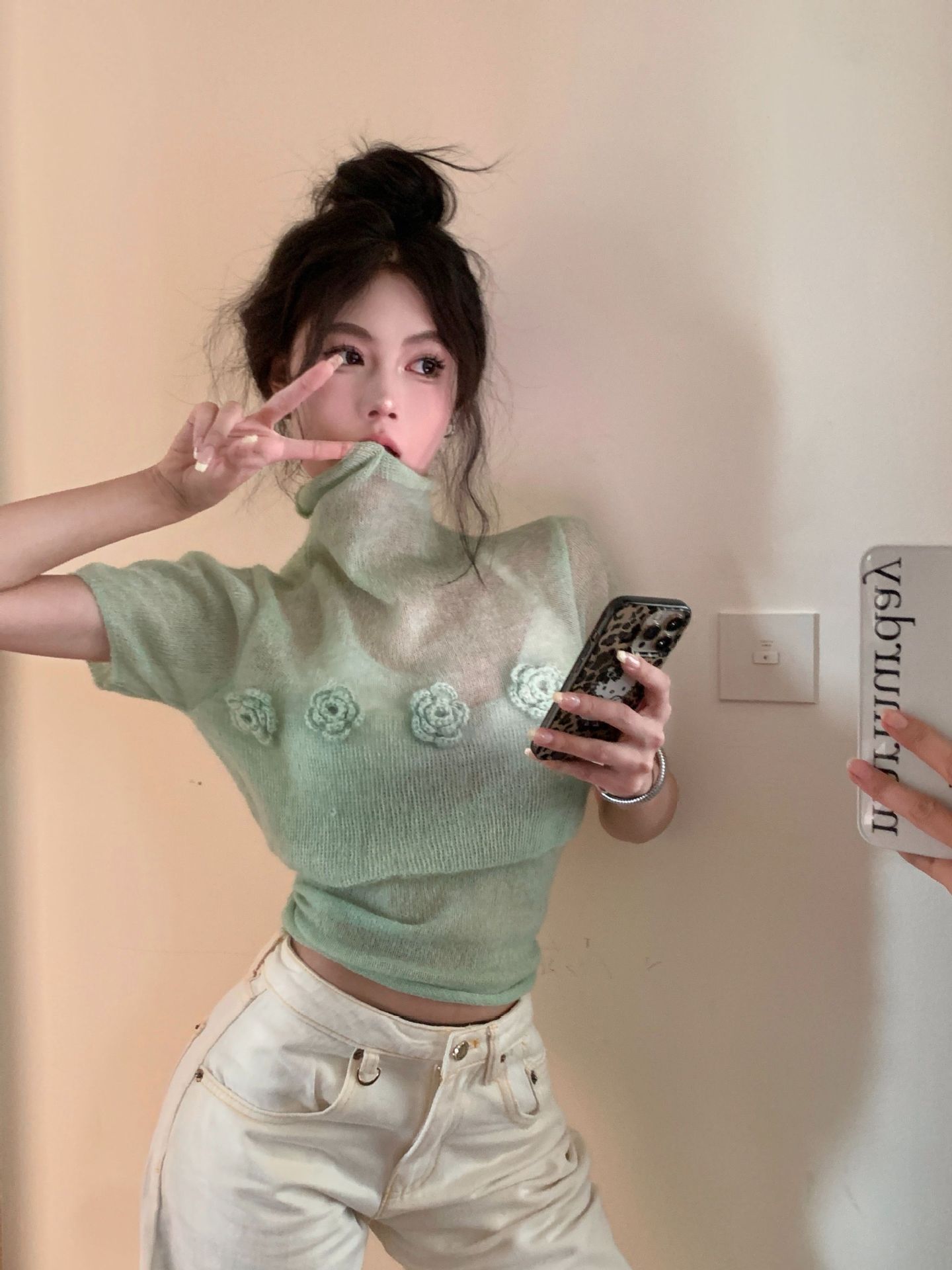 Camellia Ice Silk Short-Sleeved Knitwear Women's Summer Thin 2025 New See-Through Sexy Short T-Shirt High-Neck Top