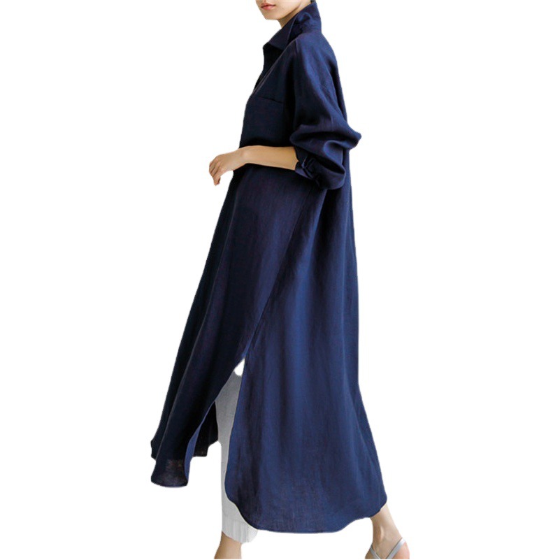 2025 Loose Plus-Size Shirt Dress Long Cardigan Cotton-Linen Base Shirt Elegant College Style Long-Sleeve Sun Protection Clothing
