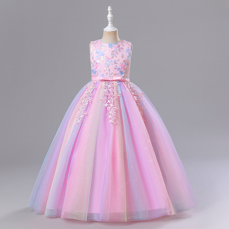 Picture of Children's clothing wholesale children's dress Princess dress girls mesh performance clothes one year old flower girl color dress factory