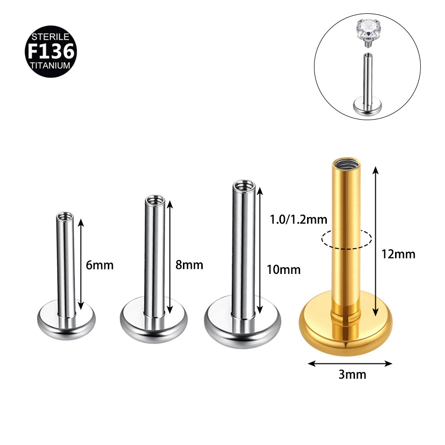 Picture of F136 Titanium Lip Nail Rod 3.0mm Base Inner Teeth Ear Bone Flat Bottom Rod G23 Titanium Alloy Human Puncture Jewelry Earrings