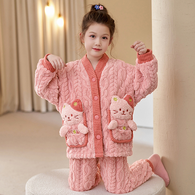 Picture of Children's Pajamas Flannel Autumn and Winter Girls' Coral Fleece Thickened Warm Style Middle and Large Children's Girls' Home Clothes suit