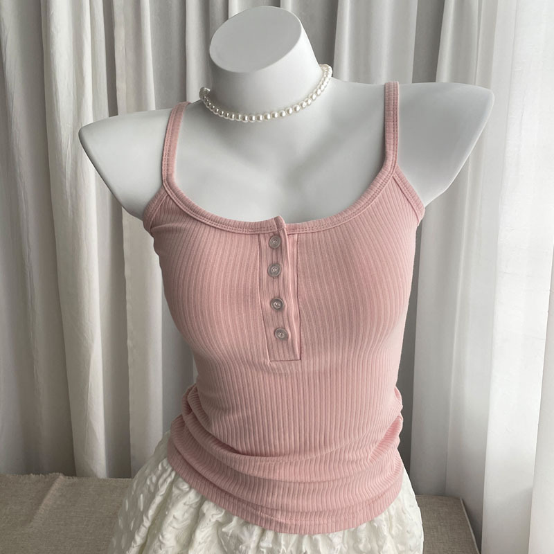 2024 new solid color Fashion U-collar button vest women's inner sexy backless breast-covering sling top summer