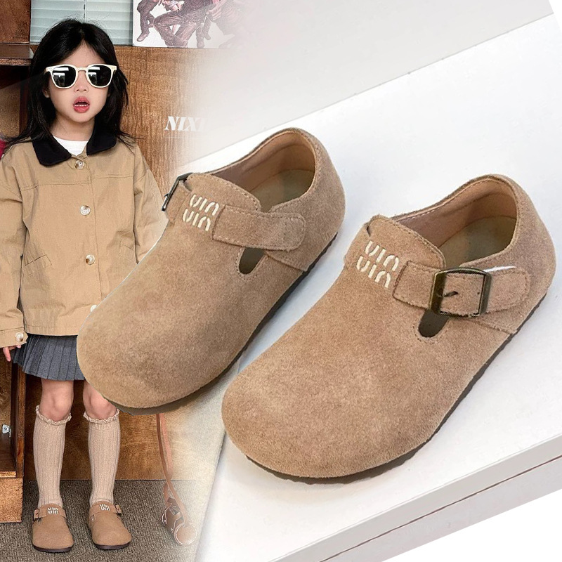 Children's Birkenstock 2025 Spring and Autumn New Leather Shoes Girls' Single-layer Shoes Boys' Fashion Shoes Baby Soft Sole Bean Soft Sole
