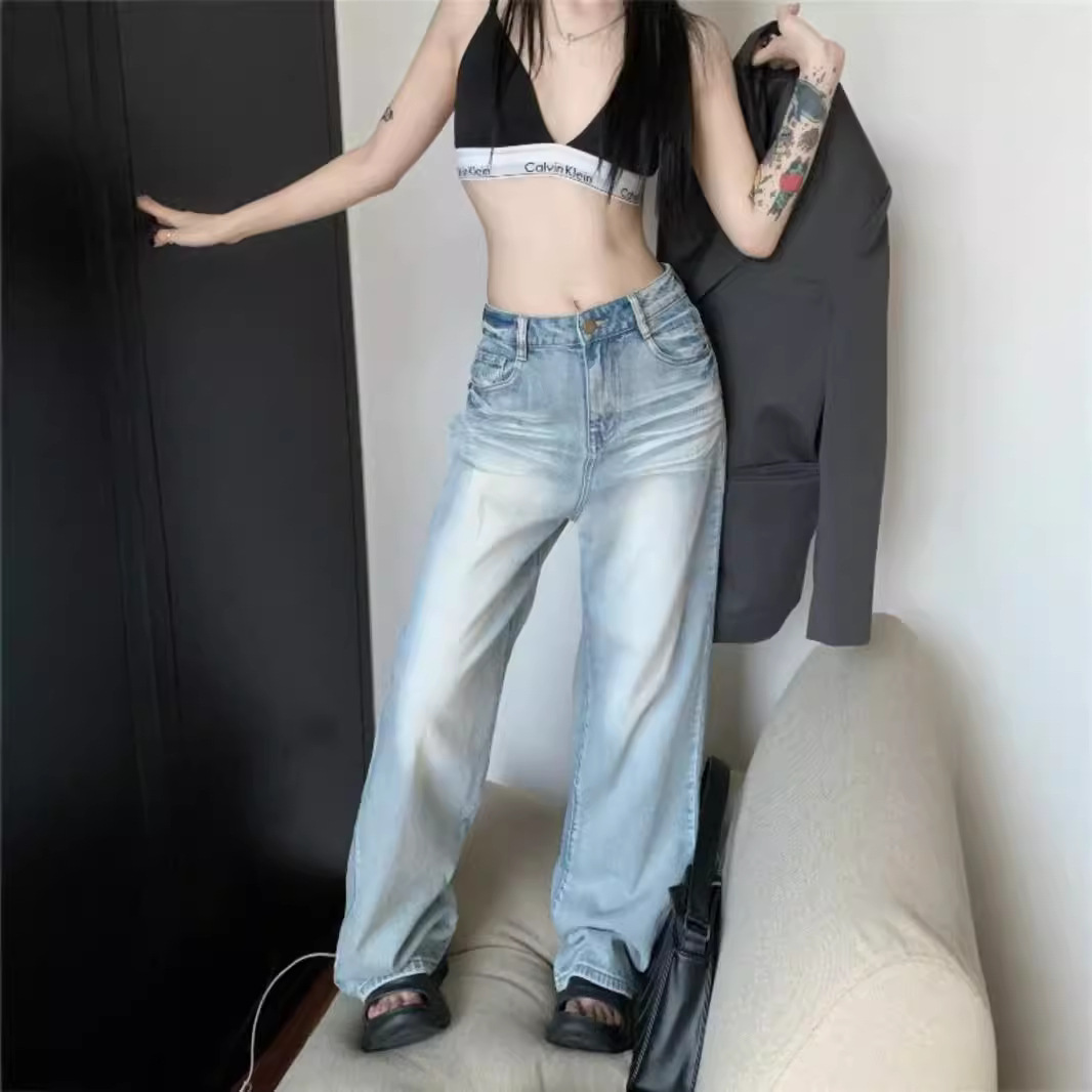 Light Color Retro Jeans Women's Autumn 2024 New High Waist Slimming Straight Tube Floor Pants Loose Wide Leg Pants