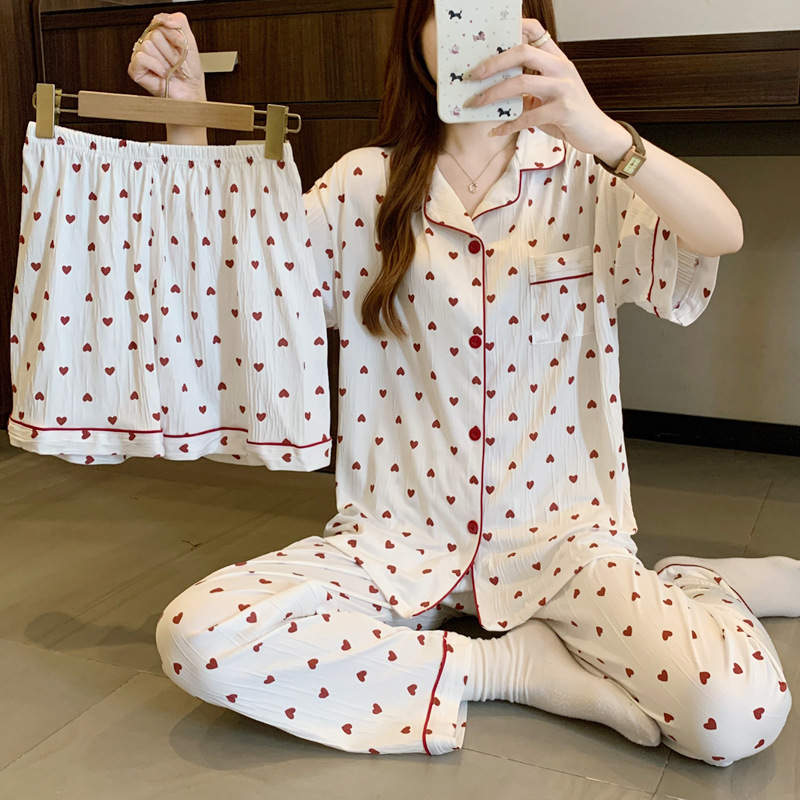 Picture of Korean warm little love summer thin short sleeve pajamas women's sweet loose home clothes wrinkled cloth three-piece set wholesale