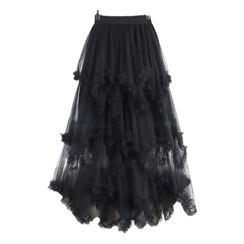 Irregular Mesh Cake Skirt with Fungus Edges, Mid-Length High-Waisted and Puffy Fairy Gauze Skirt with Long Skirt