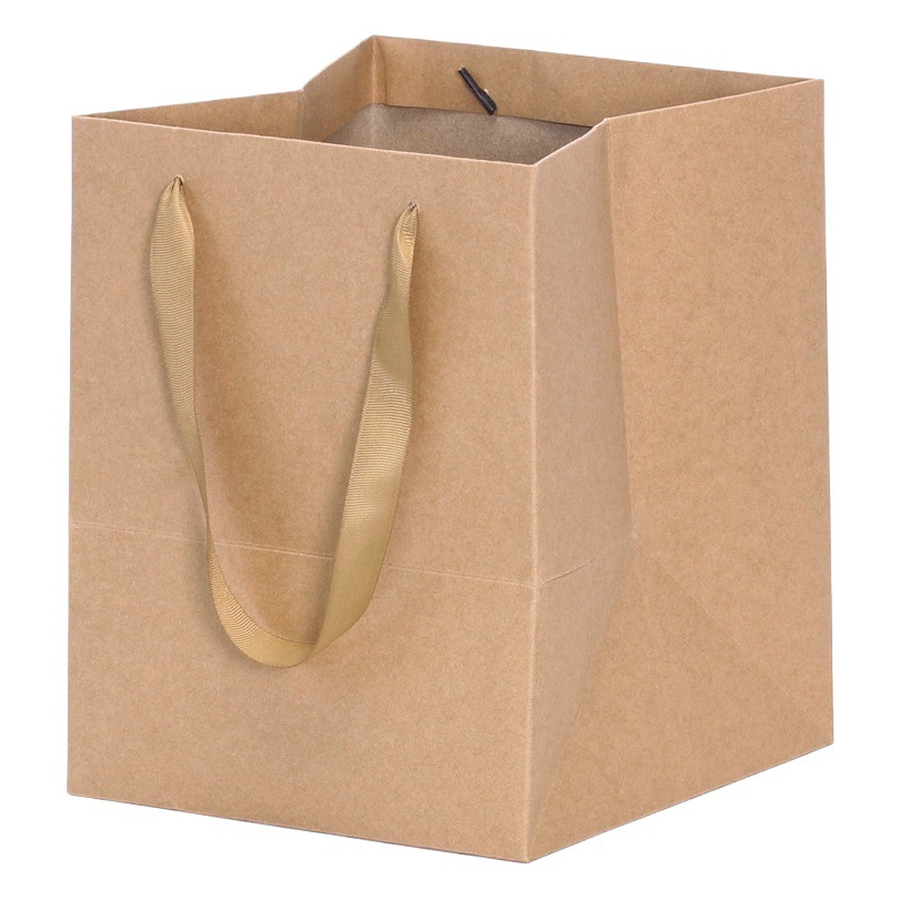 Flower Shop Kraft Paper Bag Baking Square Wide Bottom Large Size Cake Tote Bag Potted Fruit Gift Packaging Bag