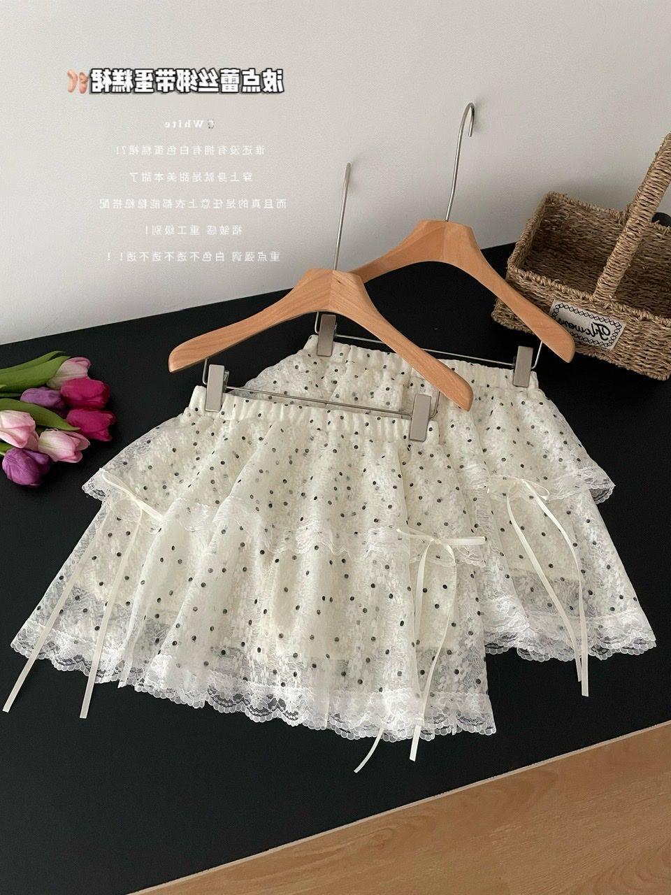 Polka Dot Lace Bow Cake Skirt Women's High Waist Slim Summer New Easiest for Match Sweet Apricot Skirt Short Skirt