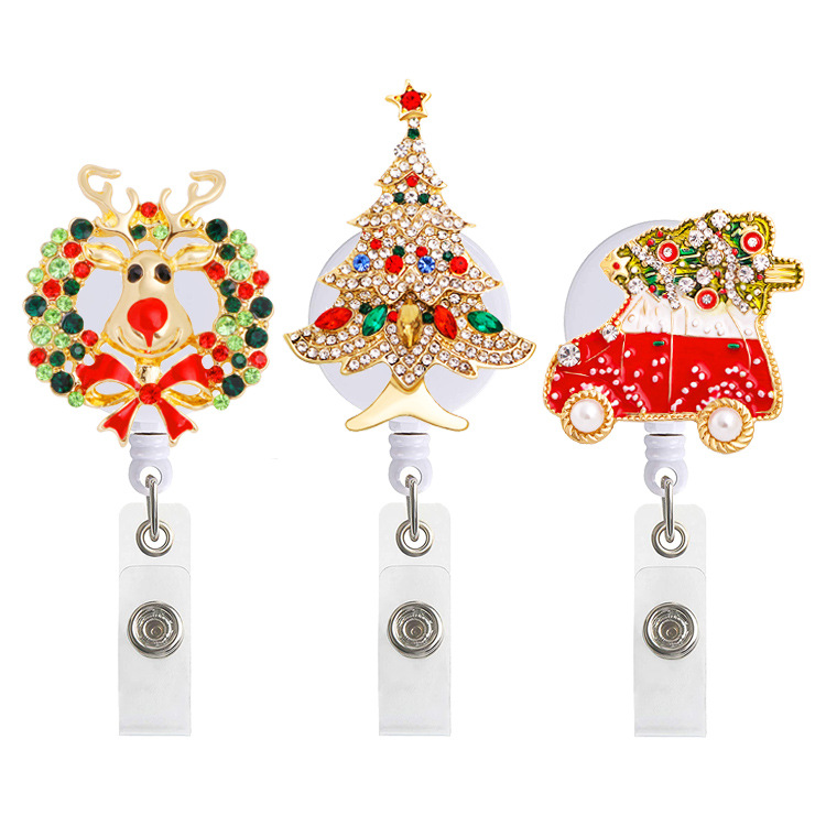 Spot Christmas Metal Stretch Easy Pull Buckle Christmas Tree Wreath Easy Pull Nurse Reel Badge Holder Gift