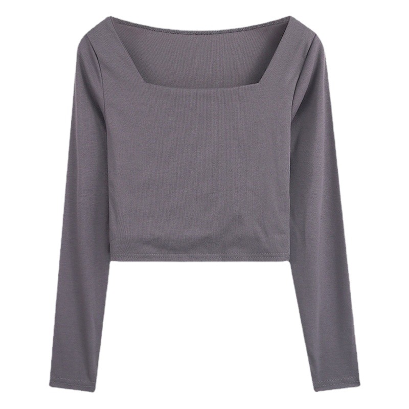 Bottoming Shirt for Women, Spring & Fall New Square Collar, Clavicle Design, Long-Sleeved T-Shirt, Short Chic Top, Trbottomy