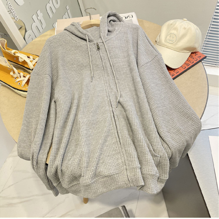 Picture of Waffley Hooded Sweater Women's Autumn New Loose Zipper Jacket Slimming Design Sense Long Sleeve Cardigan Top for Women
