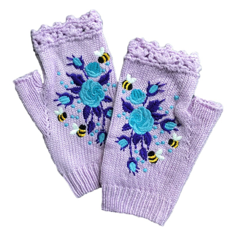 INS Autumn and Winter Embroidered Women's Warm Gloves Bee Flower Adult Knitted Gloves Embroidered Wool Gloves