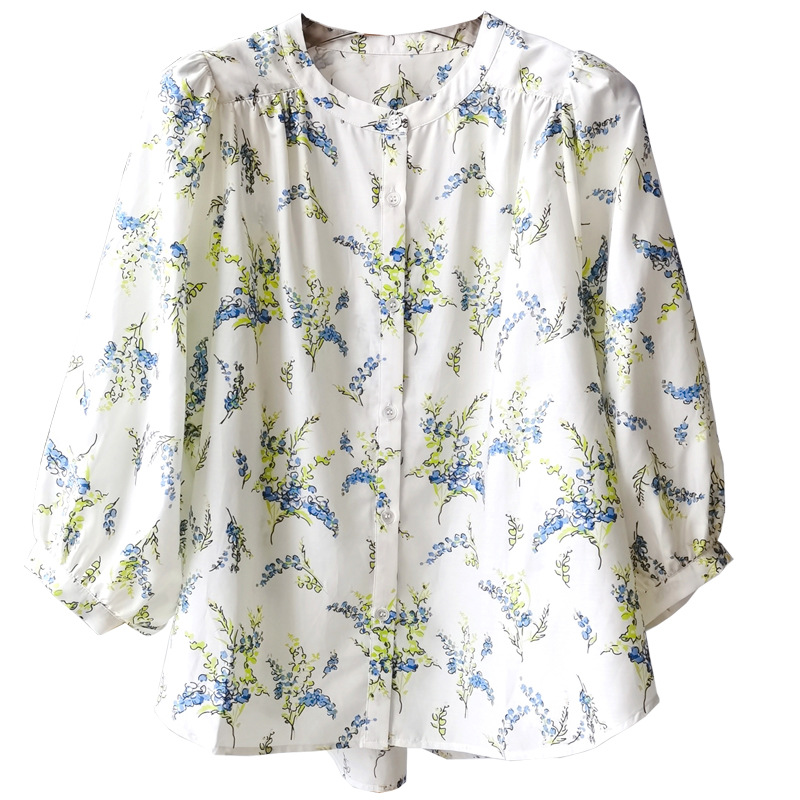 Picture of Does not support 7-day French holiday style silk cotton printed cropped lantern sleeve shirt women's loose button doll shirt