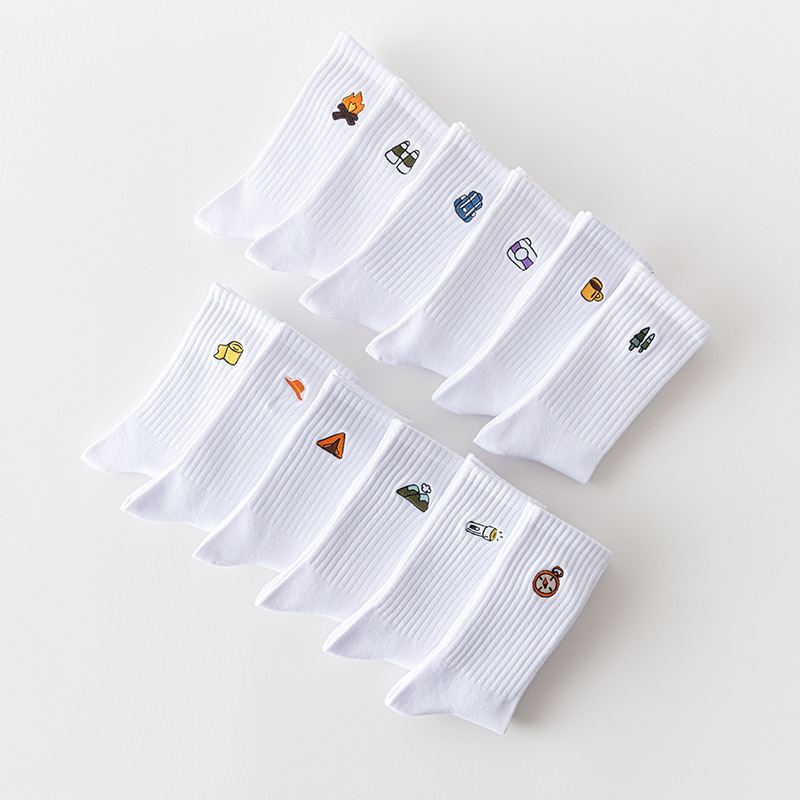 New Embroidered Mid-Calf Socks White Cotton Socks Men's Long Sports Basketball Socks High Thread Quality Camping Socks