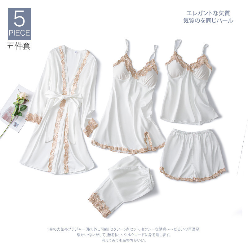 2022 new ice silk pajamas five-piece set autumn and winter long-sleeved strap nightdress nightgown with chest pad plus size homewear
