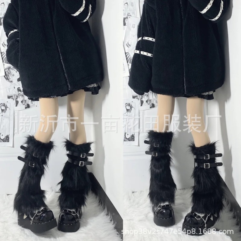 Millennium Spice Girls Fluffy Leg Set y2k Warm Long Hair Boots Set Sweet Cool Girl Leg Leather Buckle Socks Set Punk Ya