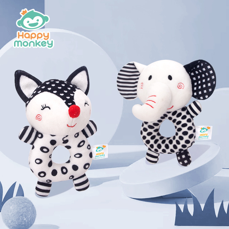 Happy Monkey Newborn Hand Rattle Baby Toy Bell Baby Black and White Toy Fox Elephant Rattle