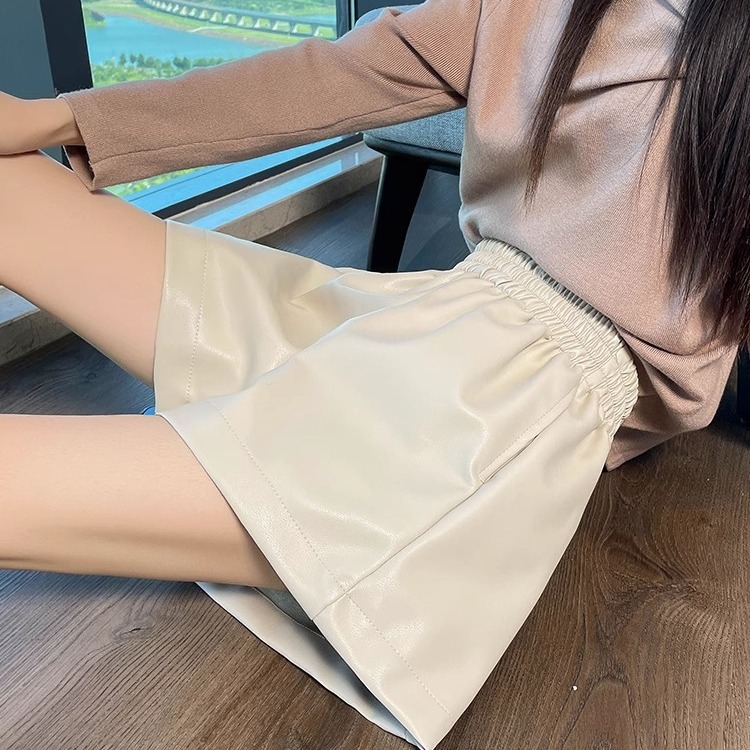 Picture of Black PU leather pants shorts women's winter New High waist A- line slimming wide leg pants small casual outerwear boot pants
