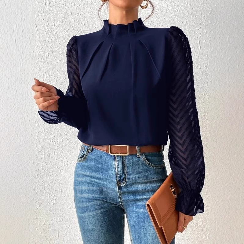 2024 Europe and the United States Amazon cross-border women's autumn and winter new half-high collar stitching wave chiffon long sleeve top