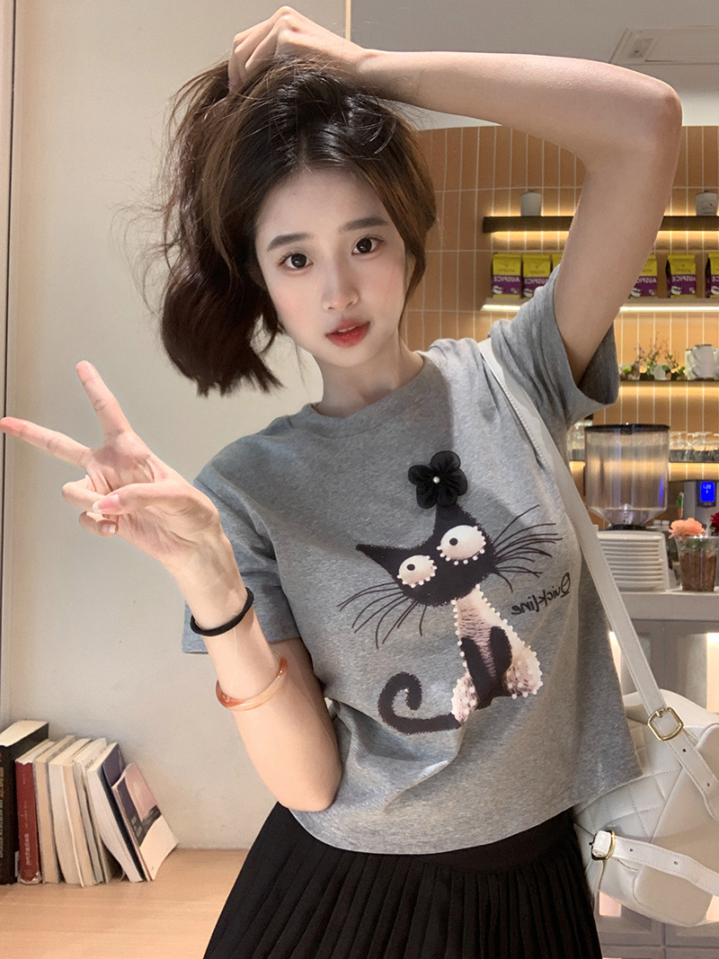 Picture of Cartoon Kitten Pattern Embroidered Short-sleeved T-shirt Women's Summer New Design Sense Niche Western Style Short Top Ins Trendy