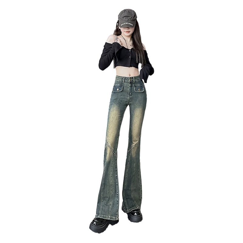 American retro Net Red girl skinny jeans women's high waist 2023 Winter new elastic slim slimming flared pants