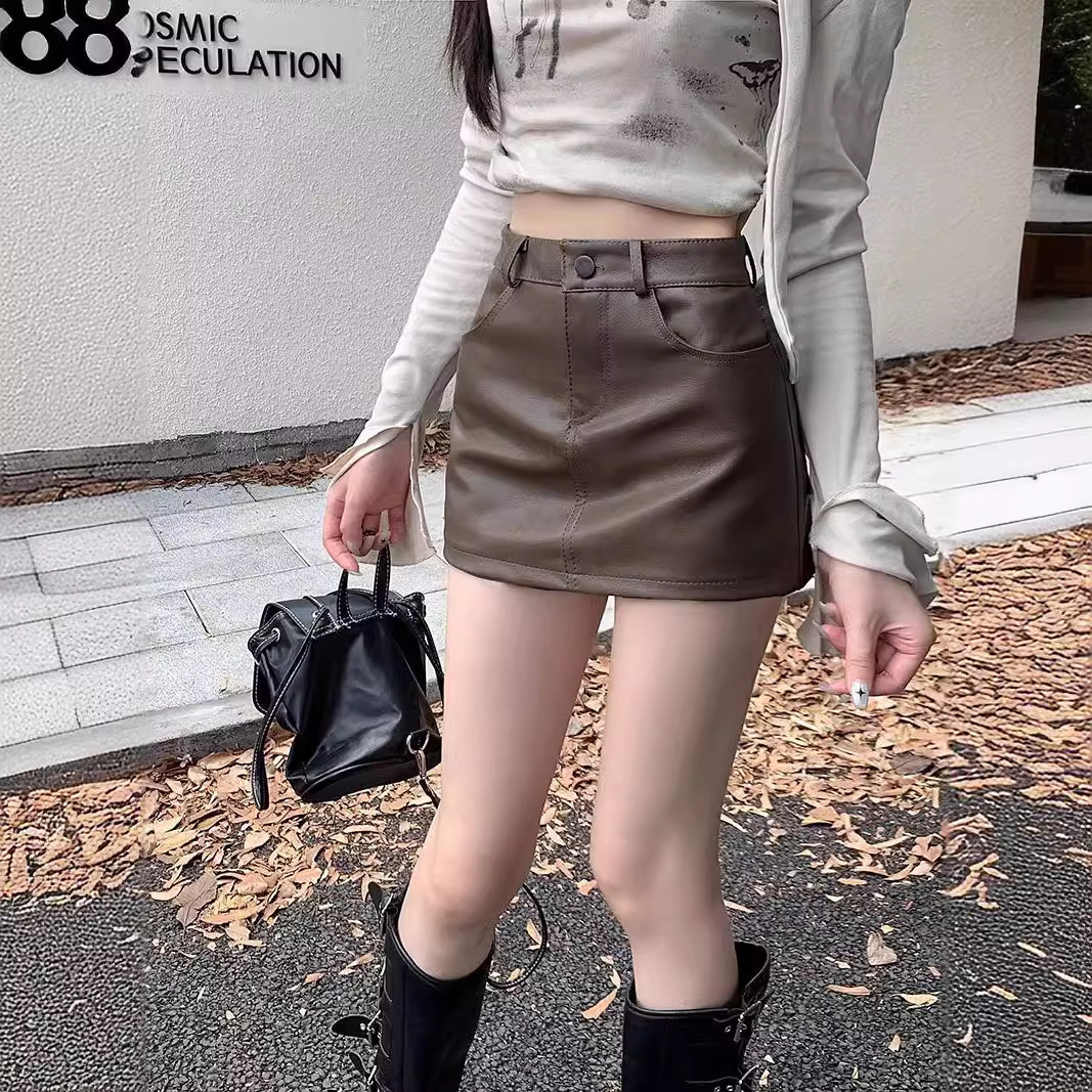 Spice Girl A- line Wrap Hip Short Skirt Year High Waist Autumn and Winter Puleather Women's Skirt Skirt Texturous Anti-running 2024 New Pants