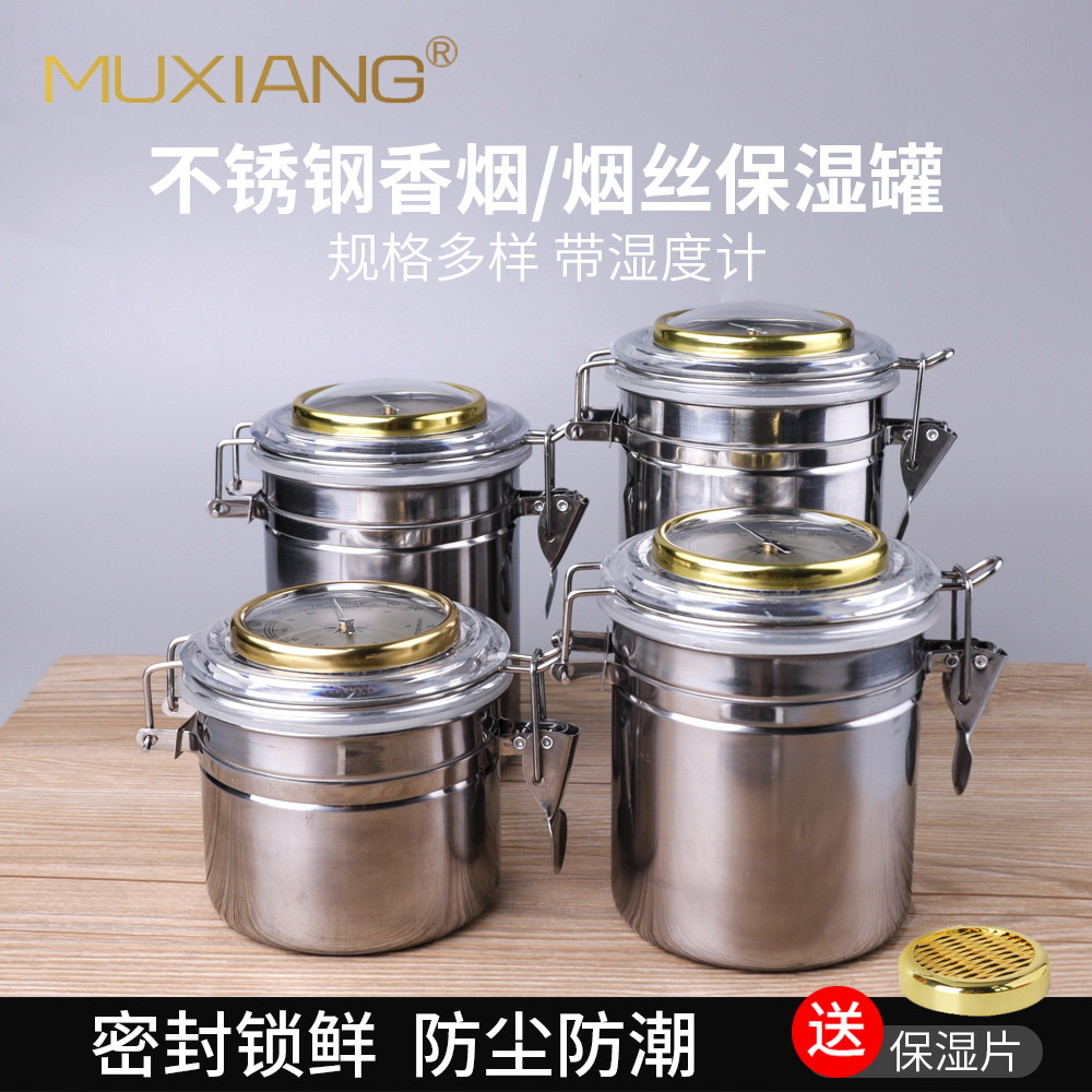 Picture of Muxiang Tobacco Moisturizer Cross-border Hot Sale with Hygrometer Moisturizer Tobacco Pipe Tobacco Jar Stainless Steel Sealed Jar
