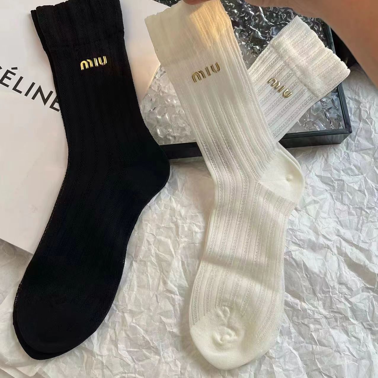 Socks Women Summer Mesh Breathable Miumiu Wind Embroidered Pile Socks South Korea Fashion Ultra-thin All-match Mid-tube Socks New