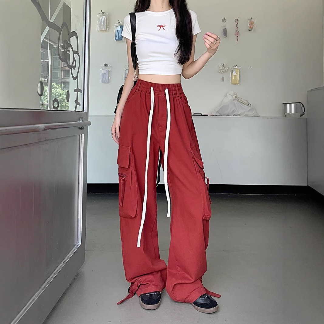 Stylish Red Cargo Pants Trendy American Style Plus Size Loose Drawstring Design Straight Casual Quick-Dry Wide-Leg Pants