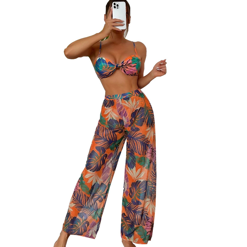 2025 Ready-Made Fashionable and Sexy Mesh Blouse Printed Three-Piece Swimsuit Women's Bikini Mesh Pants Swimsuit Suit