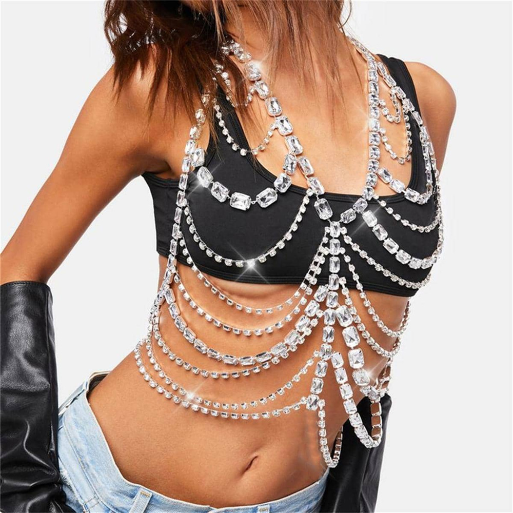 Amazon rhinestone bikini chest chain fashion multi-layer crystal chest chain sexy luxury rhinestone body chain accessories