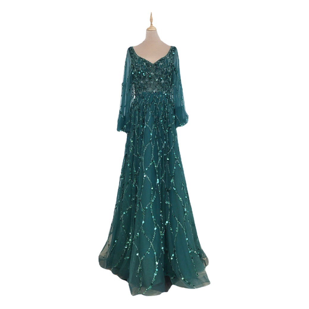 2025 Cross-Border New Golden Heavy Industry Beaded Luxury Evening Dress Sexy Socialite Aura Queen Long Dress Dq7109