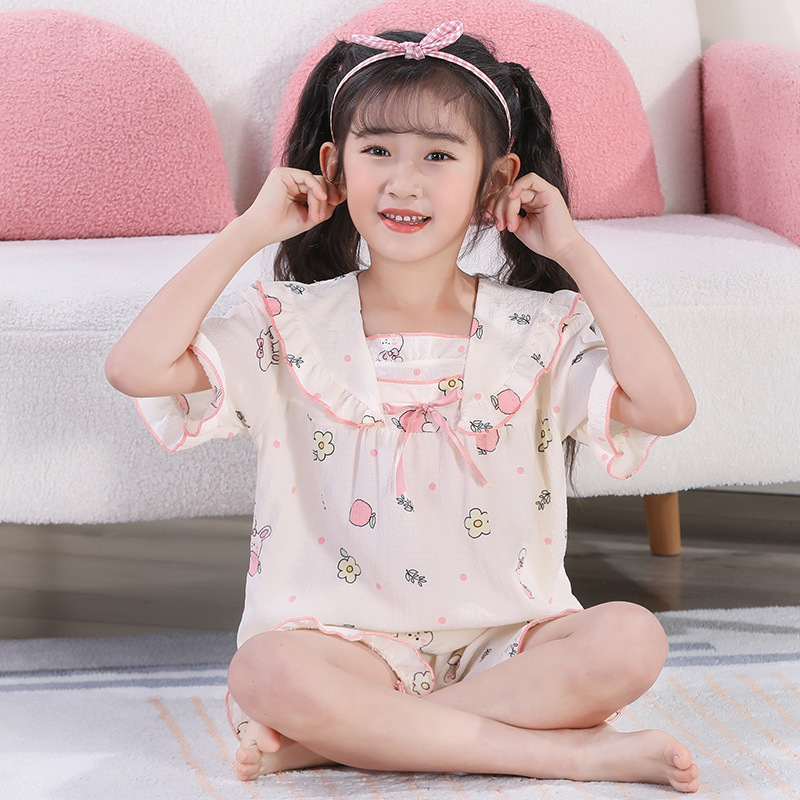 Children's Pajamas Summer Bubble Girls Cute Cartoon Princess Style Square Collar Short Sleeve Shorts Large Children's Home Clothes