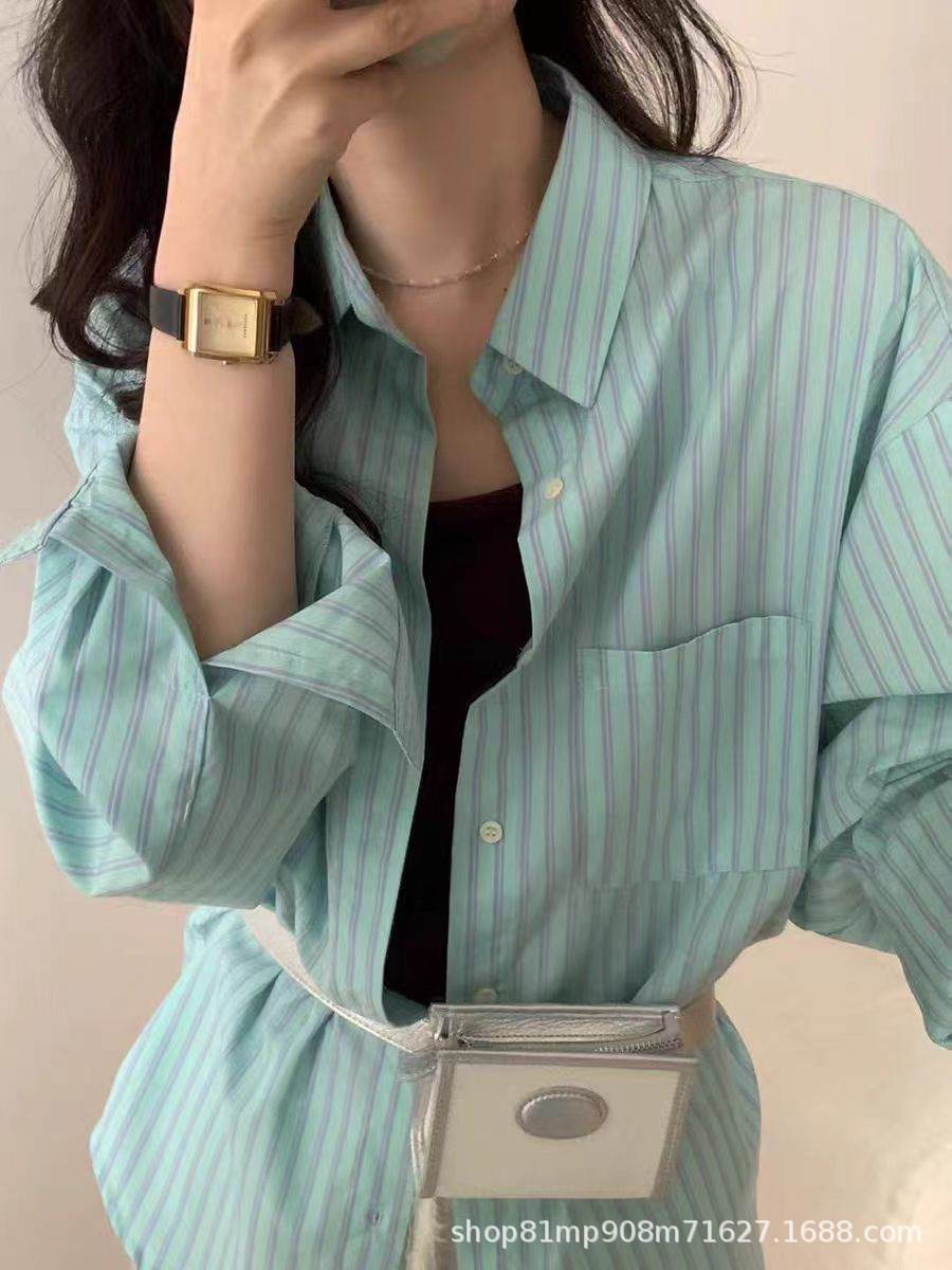 Mint Blue-Green Stripesd Commuter Cardigan Shirt for Women 2025 New Early Spring Top Shirt French Japanese Style Style Spring and Summer