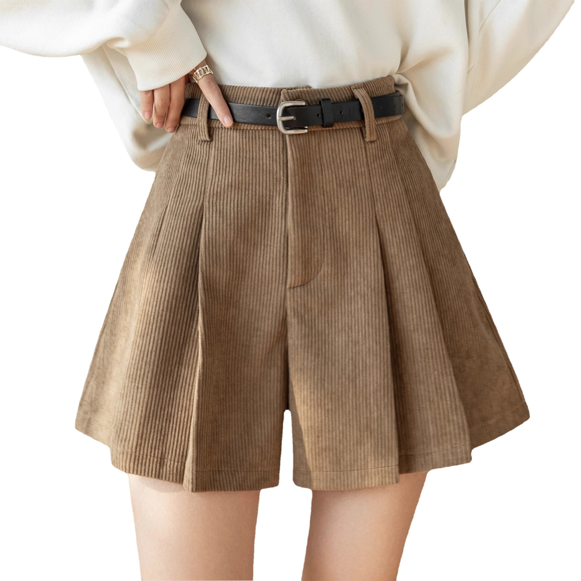 Picture of khaki Corduroy Shorts Women's Autumn and Winter High Waist Outer Wear European Pant Skirt Casual Maillard A- Line Pleated Skirt Pants