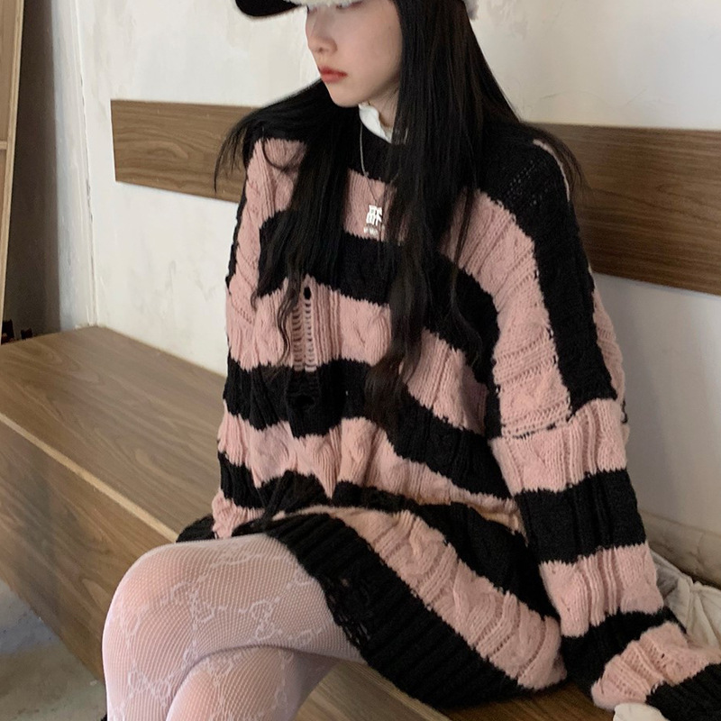 Picture of Pink Striped Loose Lazy Hole First Love Sweater Women's Autumn and Winter Sweater Design Sense