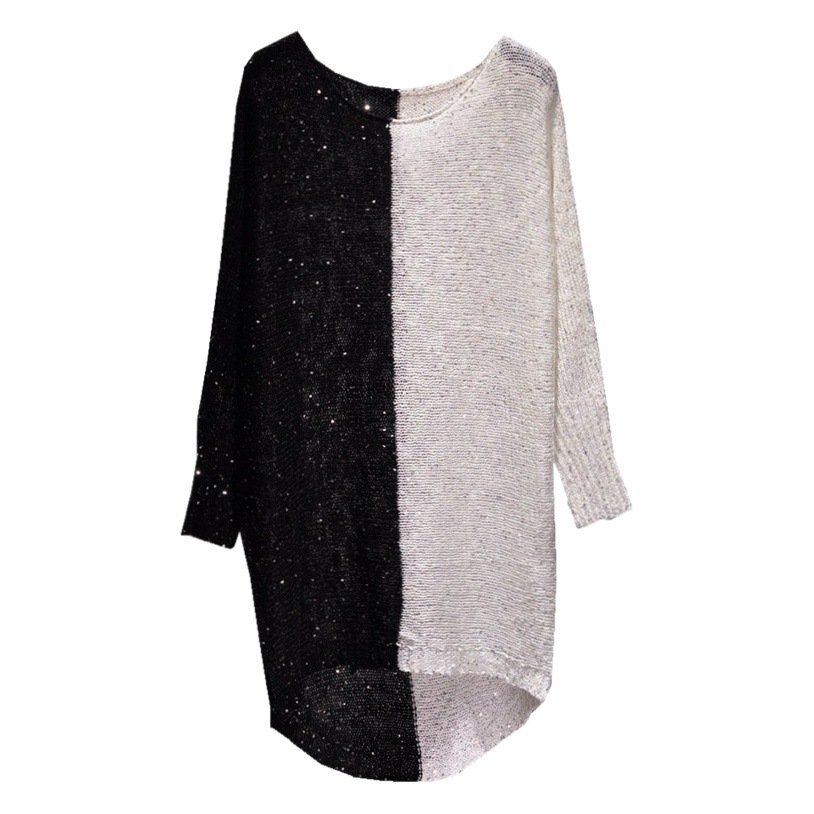 Spring 2020 New European and American Style Loose plus size Sequins Mid-length Knitted Skirt Pullover Round Neck Flash Base Skirt