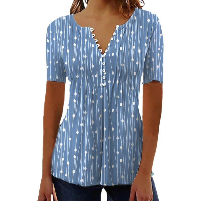 2023 Amazon Independent Station Europe and the United States Spring and Summer New V-neck Polka Dot Short-sleeved Shirt Cross-border Women's in stock